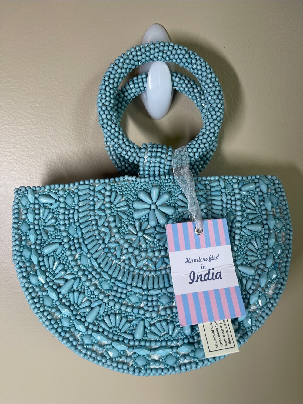 Handcrafted Turquoise Beaded Half-Moon Mini Bag